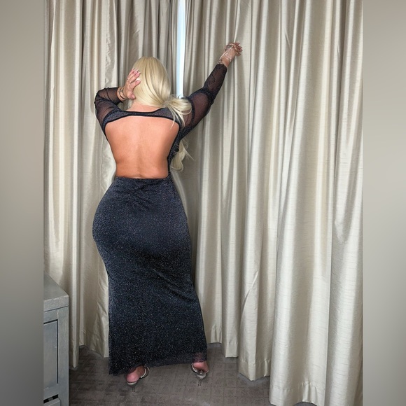 Shein Sheer Long Sleeve Black Sparkly Maxi Dress with Open Back - Picture 2 of 9